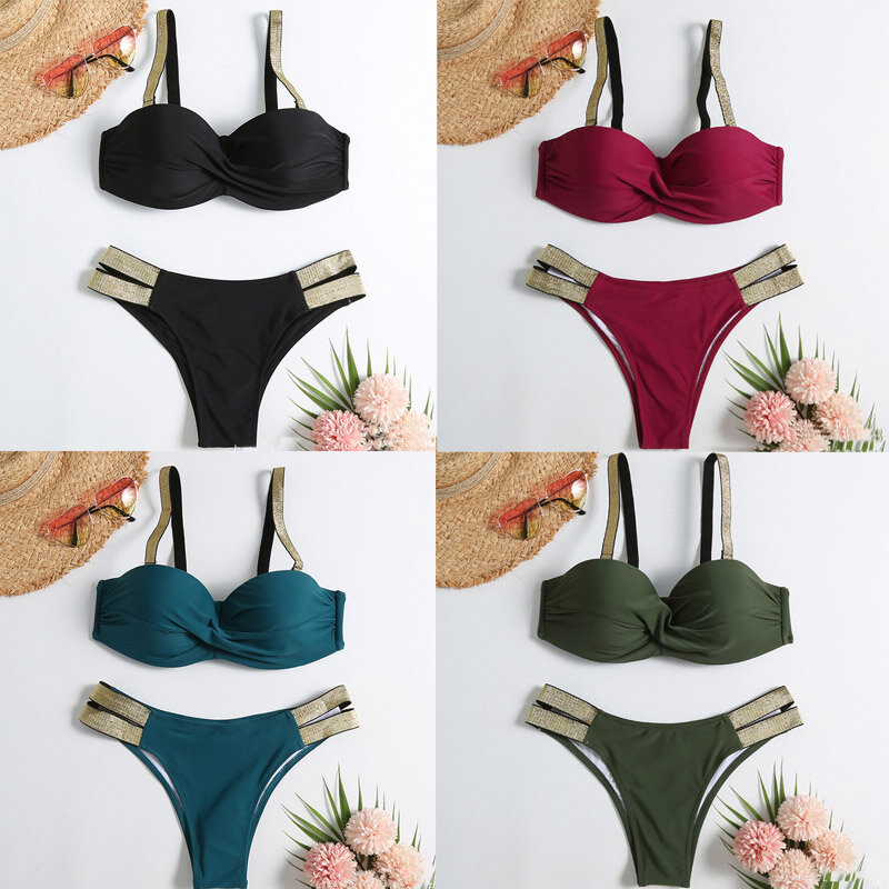 Conjunto de bikini con rayas para mujer, traje de baño con rayas y realce estilo vendaje con estampado, cintura media, 2020