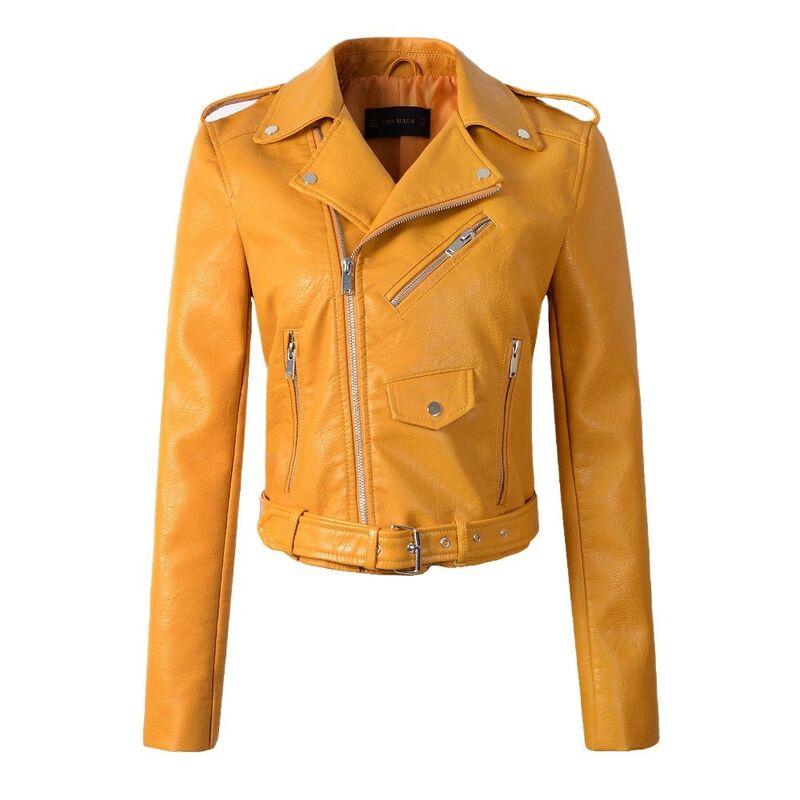 女性のための偽の革のジャケット,新しい春のファッション,黒と青,ジッパー,ポケット,オートバイのアウターコートベルト,2021