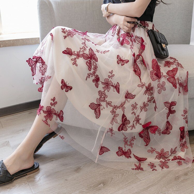 여름 스트리트웨어 3D 나비 자수 꽃 거즈 스커트 미디 스커트 여성용, 신제품, 우아한, 탄성, 2020