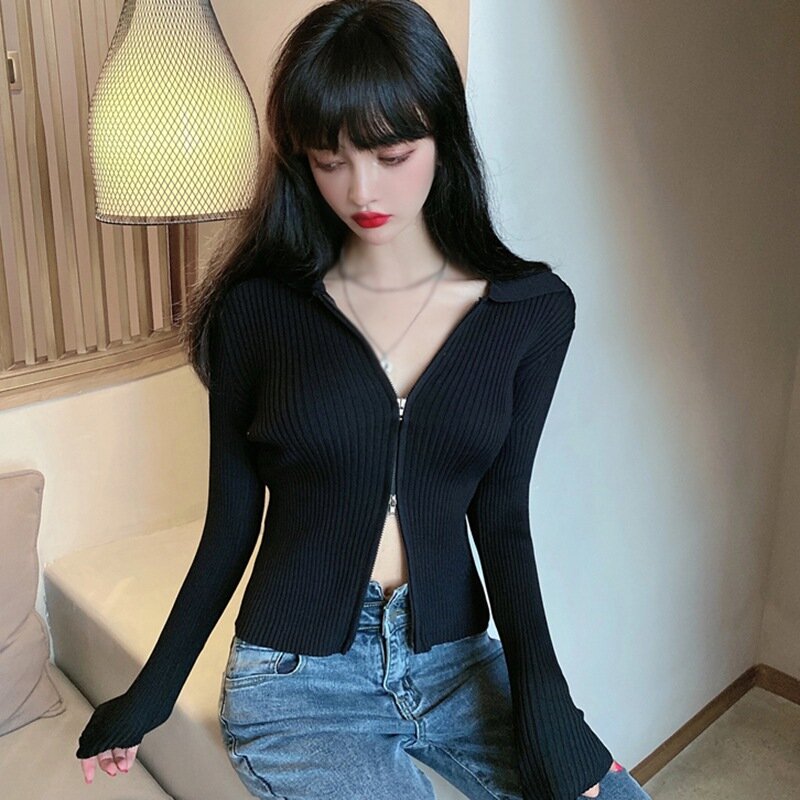 2021Sexy Women Sweater Outwear Double Zippers Design Lapel Long Sleeve Short Slim Coat Jacket Solid Sexy Ribbed Knit Sweaters