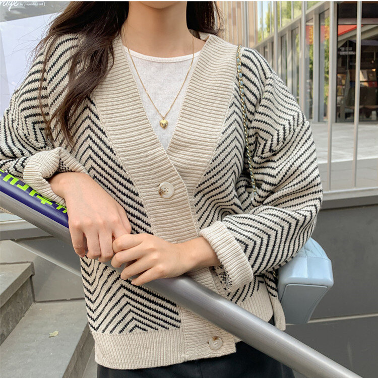 Women's Sweaters Autumn Winter 2020 Fashionable Striped Casual V-Neck Cardigans Single Breasted Loose Ladies