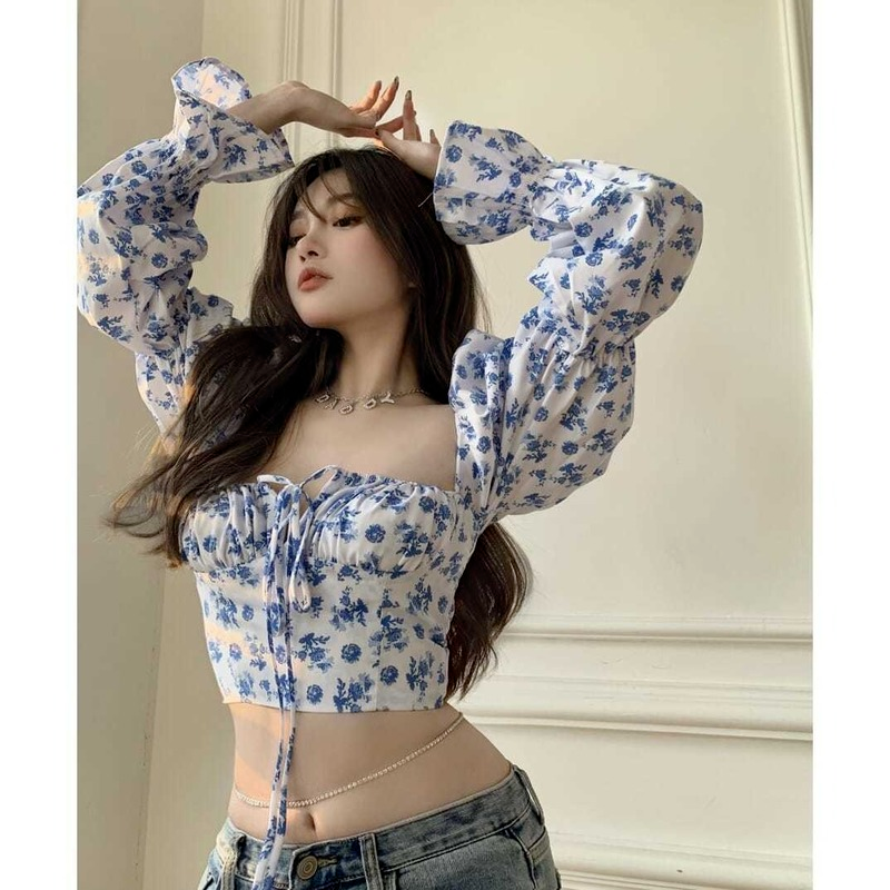 HOUZHOU-Camisa de manga abombada para mujer, blusa elegante con hombros descubiertos, Top Floral, túnicas cortas blancas, moda coreana, envío directo