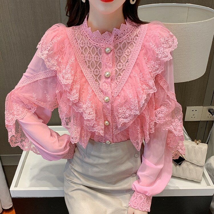 Herfst Koreaanse Zoete Losse Kleding Lace Up Verstoorde Vrouwen Blouses Mode Stand Collat Dames Tops Vintage Kant Shirts Vrouwen