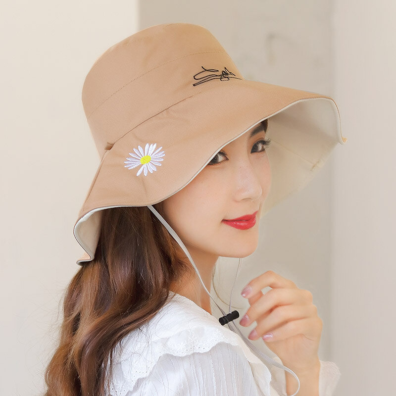 데이지 버킷 모자 양면 어부 모자 여름 태양 보호 해변 버킷 모자, 야외 소녀 Boonie 모자 통기성 포장 가능