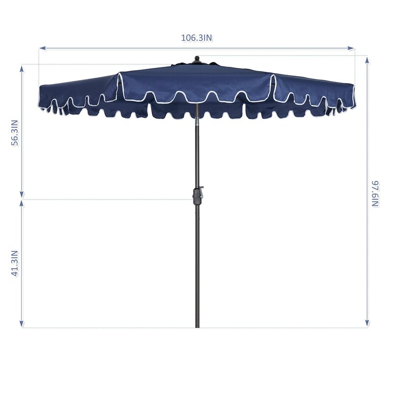 Guarda-chuva com 9 pés para exterior, mesa de mercado, 8 ripas resistentes com botão de apertar, inclinação e manivela, azul-marinho com aba