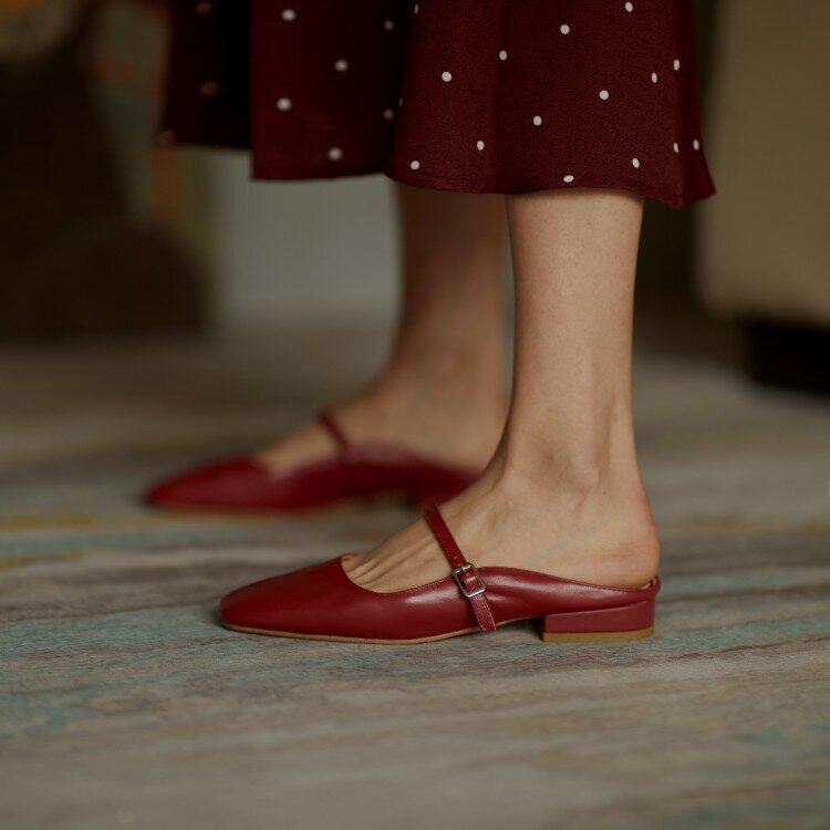 Kmeioo-zapatos planos de cuero genuino retro para mujer, sandalias con punta cuadrada, mulas básicas de verano, mules deslizantes de piel de vaca, 2020