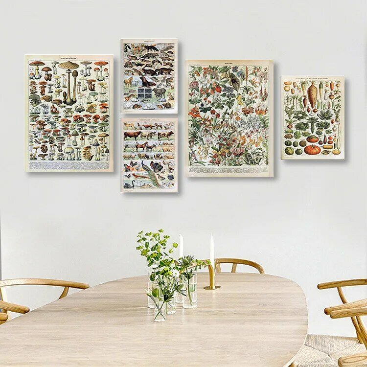 Affiche avec motif animaux palaeobios insecte papillon et champignons,peinture sur toile et art mural à l'huile de décoration de la maison avec fleurs et plante