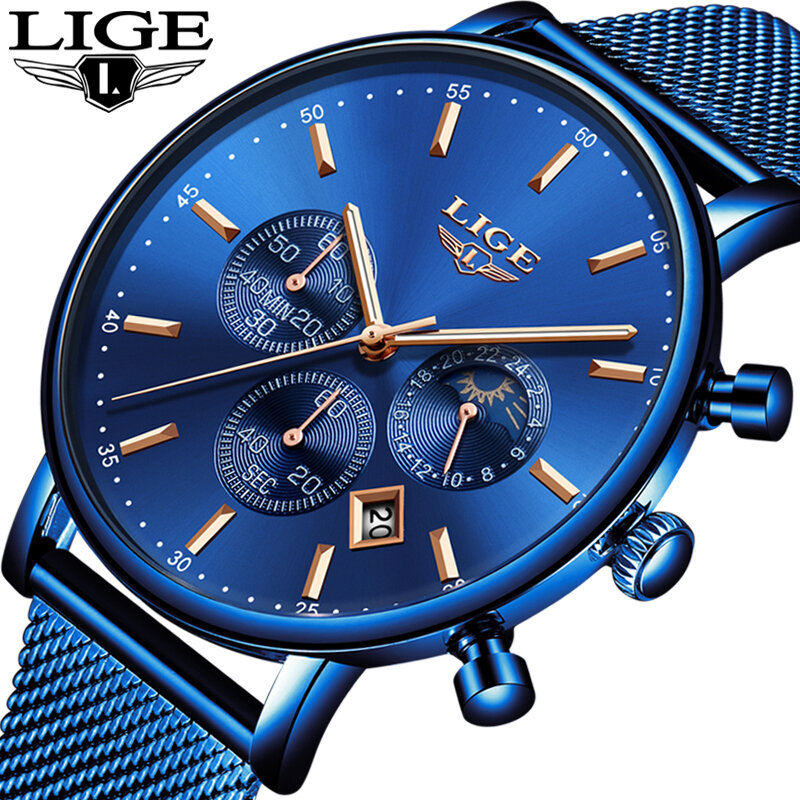 LIGE nouveaux hommes montres Top marque de luxe bleu montre à Quartz décontracté Slim robe étanche Sport montre-bracelet Relogio Masculino