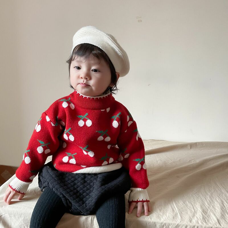 Suéter de punto con estampado de cerezas para niña, suéter cálido de manga larga para niño y niña, suéter grueso de lana de algodón, novedad de invierno, 2021
