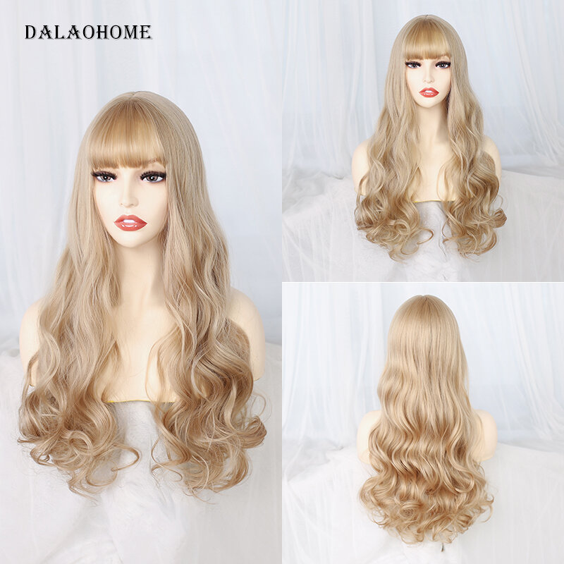 Dalaohome długie faliste peruka z grzywką brązowy syntetyczne naturalne peruki dla kobiety prosto Ombre Layerd blond Lolita Cosplay peruka