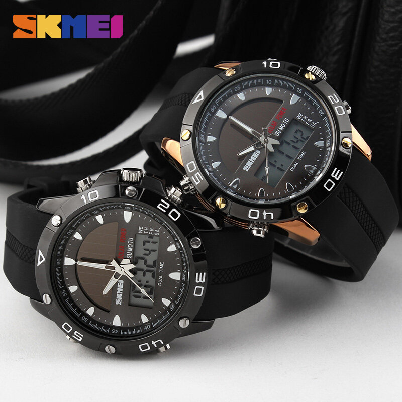 SKMEI ソーラーデュアルディスプレイ腕時計スポーツ腕時計クロノグラフ、アラーム 50 メートル防水コンプリートカレンダークォーツ腕時計 1064