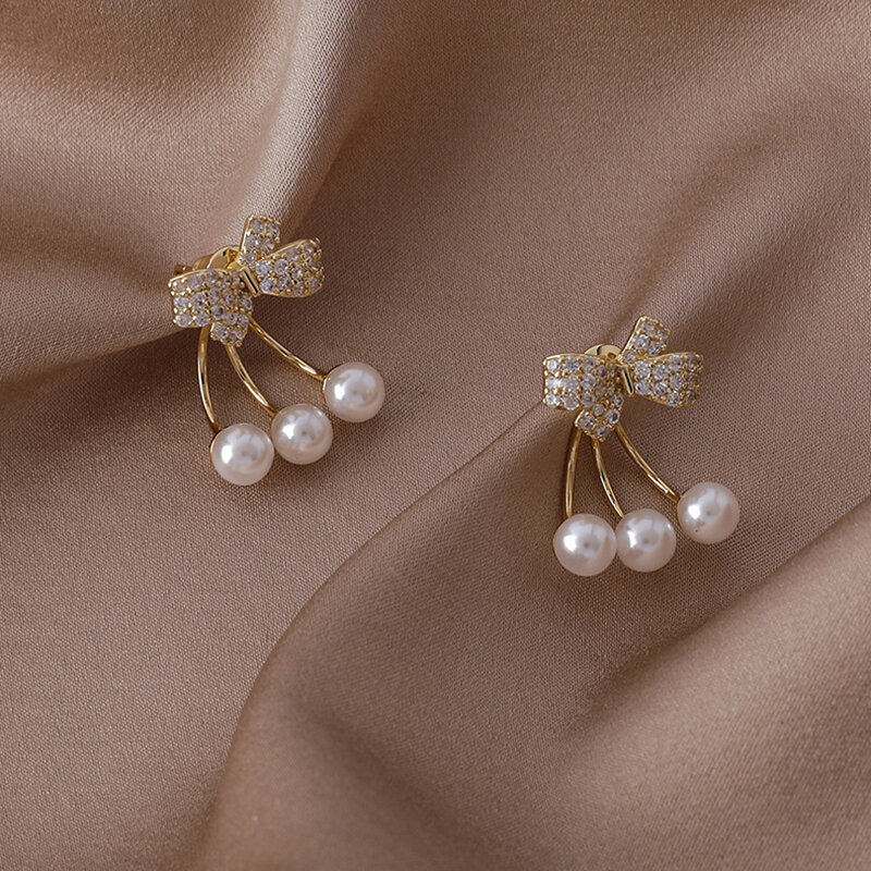 Moda de Corea del Sur para mujer, pendientes con lazo de perlas de alta calidad, regalo para fiesta, banquete, joyería