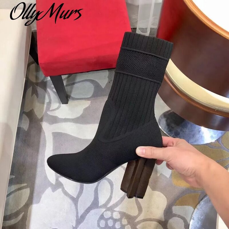Ollymurs Fashion Stretch Socks Boots  High Heels Shoes Knit Socks Boots Skinny Women Mesh Fabric Autumn And Winter Boots
