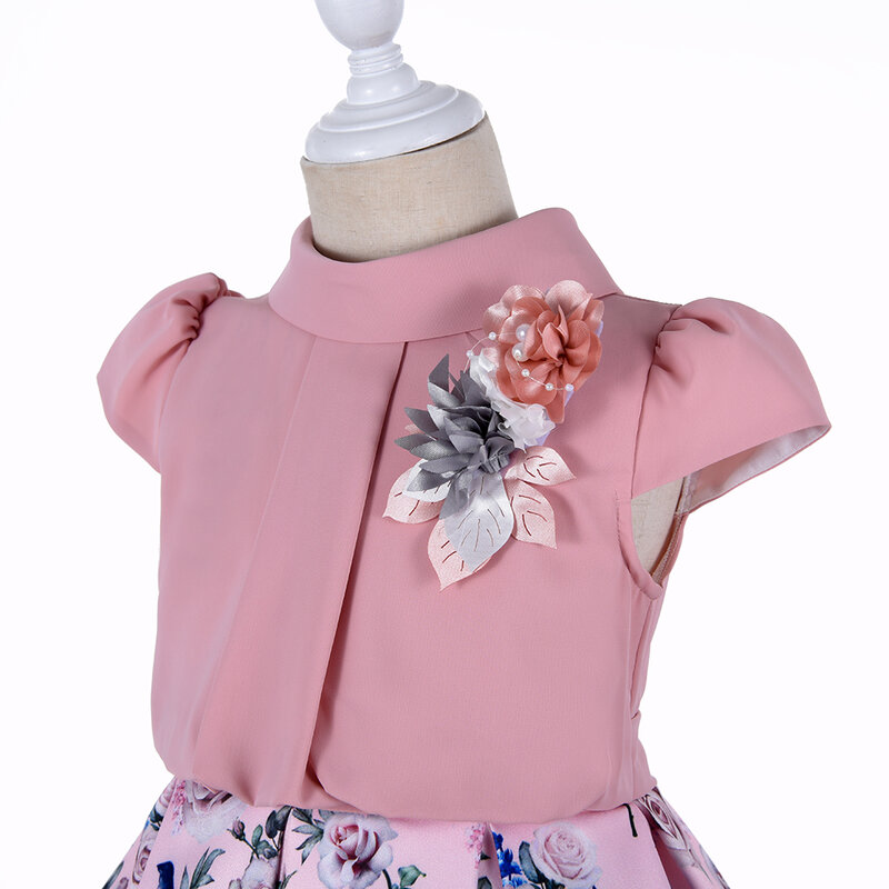 Outong vestido de algodão casual para meninas, vestido com gola turn-down e estampa de flor para bebês de 3-10 anos, verão