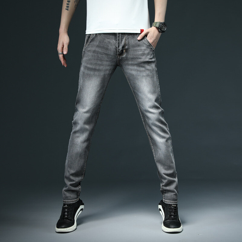 2020 dos homens novos magro jeans branco moda casual elástico algodão magro calças de brim masculino roupas marca preto cinza caqui