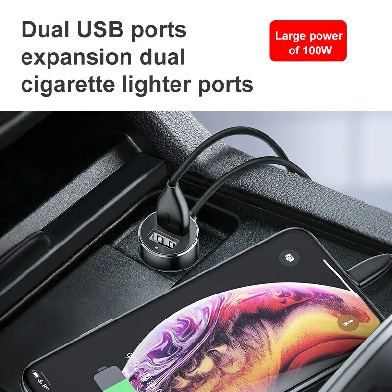 Baseus Car Splitter 12V-24V Dual USB Charger Mobil 100W Lighter Mobil Soket Splitter Power Adpater untuk Auto USB HUB