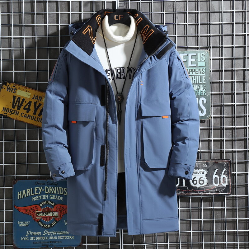2021 겨울 다운 재킷 두꺼운 코트 남성 후드 따뜻한 중간 길이 파카 화이트 오리 패션 남성 겨울 다운 재킷