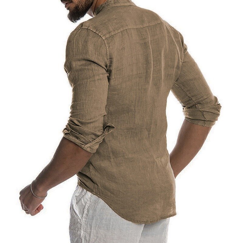 Camisetas de manga larga para hombre, ropa de calle de algodón y lino con bolsillo y cuello de pico sólido, elegante, 2021