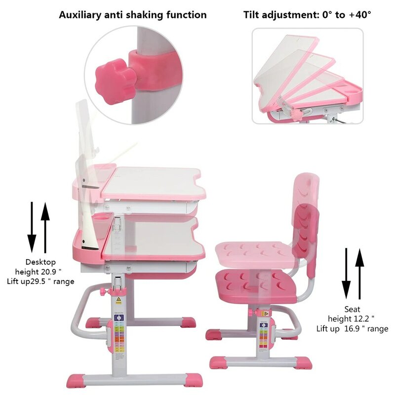 Stolik do nauki dzieci zestawy krzeseł różowe biurko szkolne dla dzieci regulowany stół podnoszący 70CM może przechylić się z podstawką do czytania lampa stołowa USB