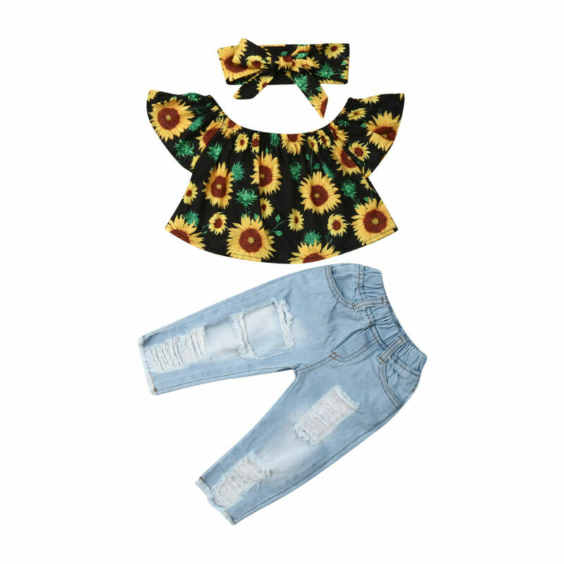 Комплект одежды для девочек из 3 предметов, топ с открытыми плечами и принтом подсолнуха, рваные джинсовые штаны, повязка на голову, летняя д...