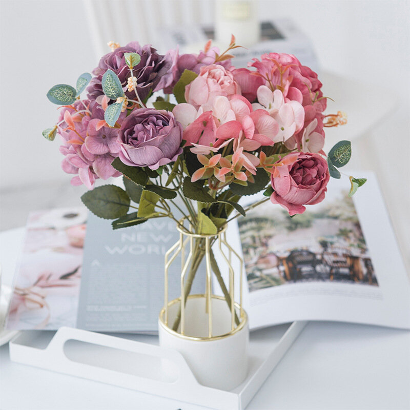 Ramo de flores artificiales de plástico para decoración del hogar, peonías de seda falsas para boda, adornos de mesa DIY, 1 ramo