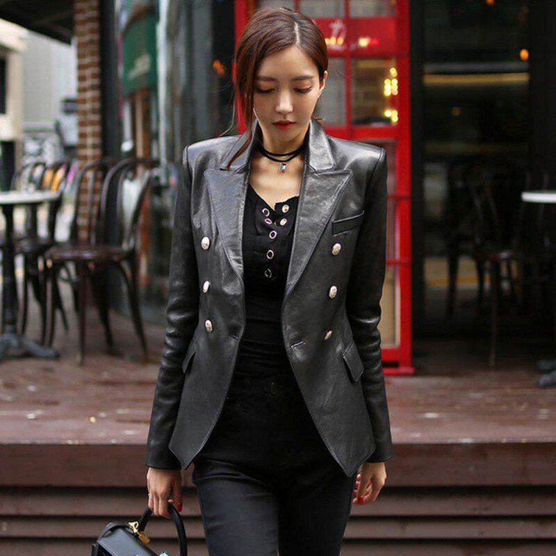 2021 New fashion Faux Leather Jacket Women Autumn Winter Long Sleeve Double Breasted Slim Black Biker Jacket Outerwear