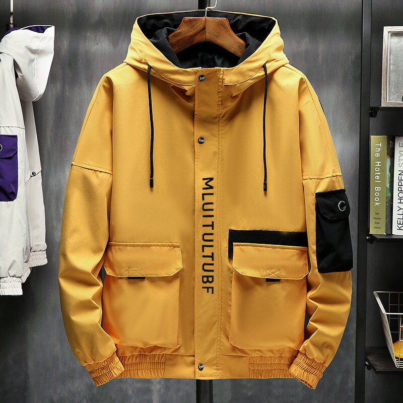 Jaqueta masculina de alta qualidade, outono inverno, solta, moda coreana, hip hop, bolsos grandes, tamanhos, com capuz, jaqueta harajuku homme