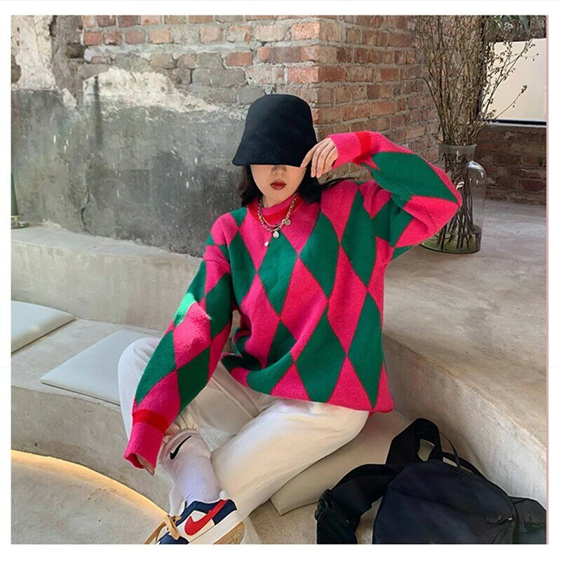 Argyle Knitted Sweater Women Pollover Tops Autumn Winter Clothes Ladies Oversized Sweaters Casual Panelled  Jumper