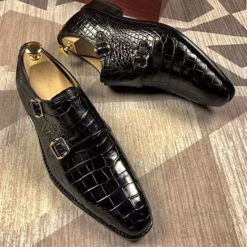 Zapatos de vestir de oficina con hebilla para hombre, calzado informal con estampado de cocodrilo en relieve, puntiagudos, para jóvenes, ZQ0103