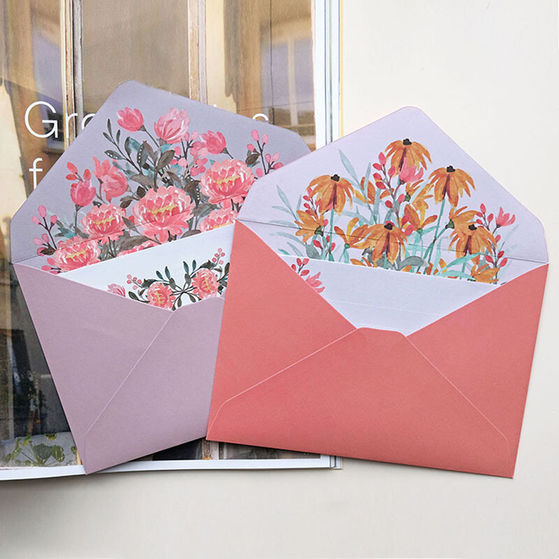 ดอกไม้รูปแบบซองน่ารัก2Pcs ซองจดหมาย4Pcs การเขียนกระดาษงานแต่งงานวันเกิดบัตรอวยพรซองจดหมายเชิ...