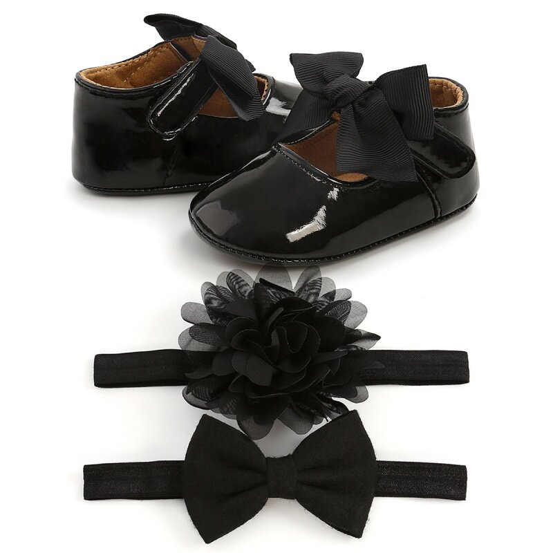 ฤดูใบไม้ร่วงเด็กผู้หญิงAnti-ลื่นแรกWalkersนุ่มSoled Bow Princesคริสต์มาสรองเท้าHeadbandsถุงเท้าชุดรองเท้า0-18M