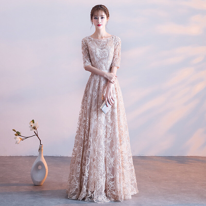 Avondjurk 2019 New Fashion Illusion O-hals A-lijn Floor Lengte Prom Party Dress Half Sleeve Custom Made Robe De Soiree