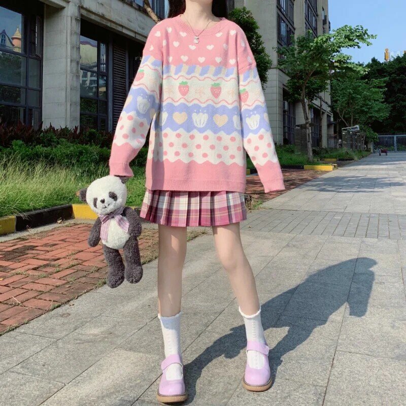 Pull en tricot à manches longues pour femme, vêtement japonais, mignon, imprimé fraise, Vintage, Kawaii, rose, automne, hiver