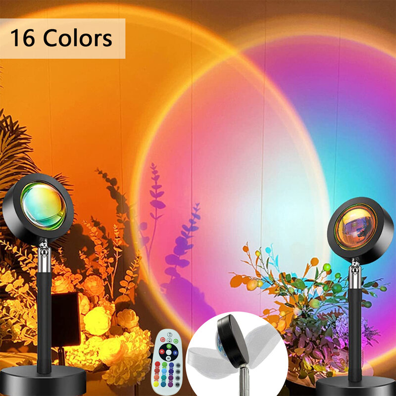 Lámpara de proyector de atardecer de 16 colores, luz de noche de arco iris USB para dormitorio, Bar, cafetería, decoración de pared de fondo