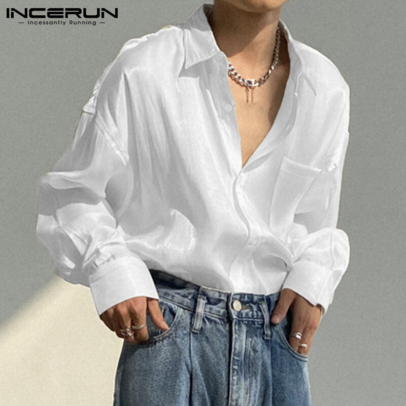 Top 2021 New Men Korean Style Solid Comfortable Blouse All-match Simple Casual Bright Long-sleeved Leisure Shirt S-3XL INCERUN