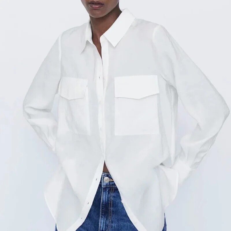 Рубашка женская на пуговицах, блузки оверсайз Свободная белая рубашка с длинным рукавом, с карманами, однотонная длинная модная одежда