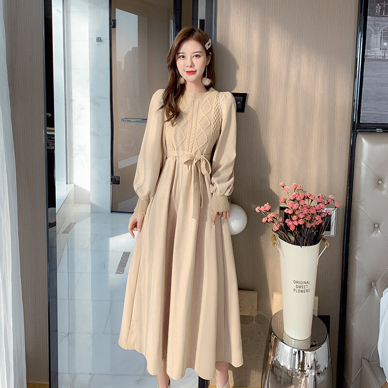 2021 Elegant Solid Women Robe Fashion Korean O-neck Puff Long Sleeve Splice Knit Dresses Autumn Vintage Corduroy