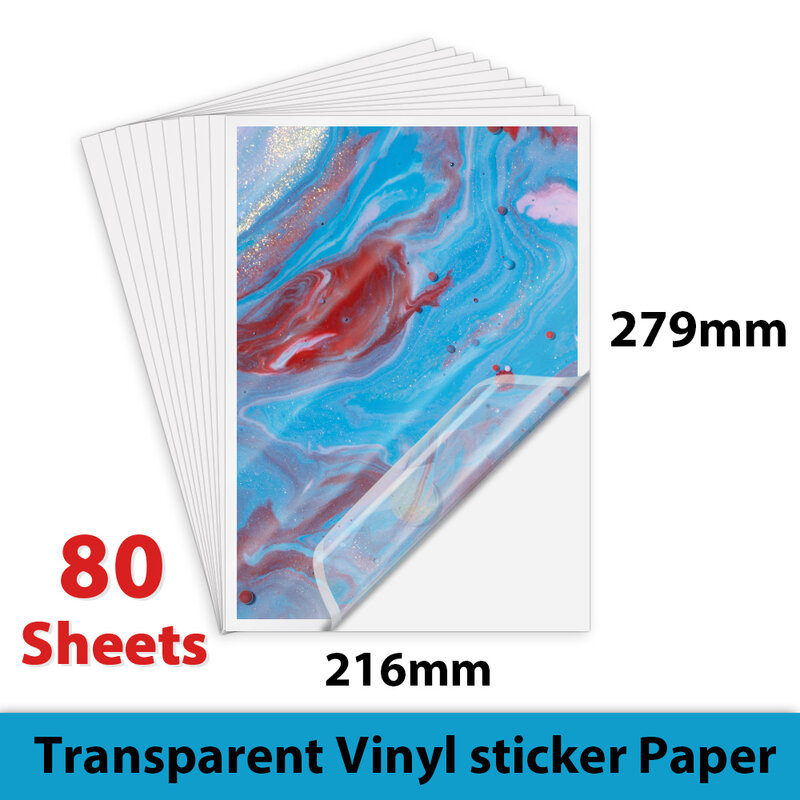 Papier autocollant en vinyle Transparent imprimable, 80 feuilles