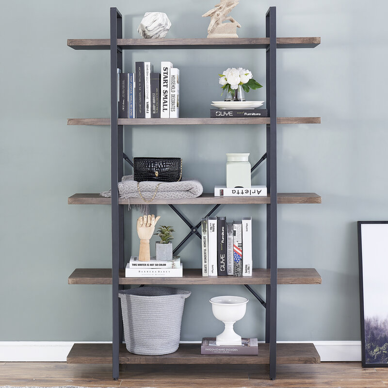 5-Shelf Vintage Industrial Style Bookcase Rustic Farmhouse Storage Shelves with Metal Frame Open Wide Office Book Shel