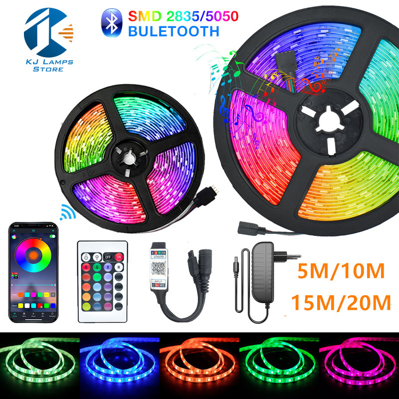 KJlamp Bluetooth LED luces de tira de 20M RGB SMD 5050 cinta Flexible RGB impermeable LED luz 5M 10M 15M cinta de DC 12V Control