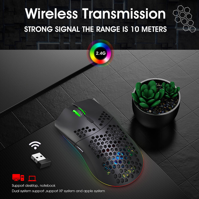 T66 Wireless Gaming Mouse Honeycomb Shell Rechargeable Optical เม้าส์สำหรับ PC คอมพิวเตอร์แล็ปท็อป Ergonomic เม้าส์เงียบ