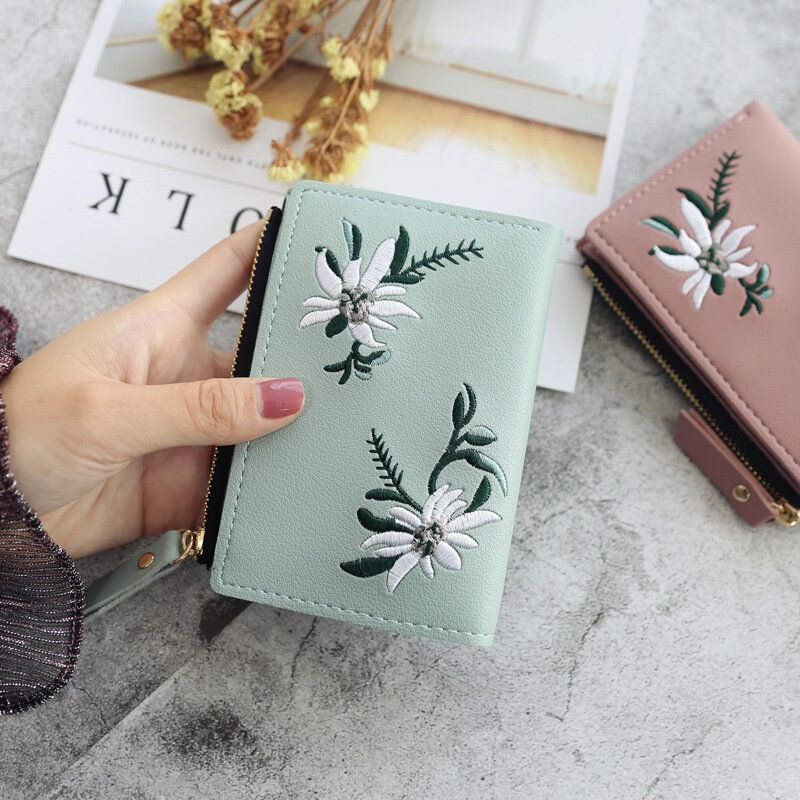 محفظة نسائية قصيرة بطبعة زهور ، محفظة بسحاب ، محفظة صغيرة للسيدات ، حامل بطاقات من الجلد