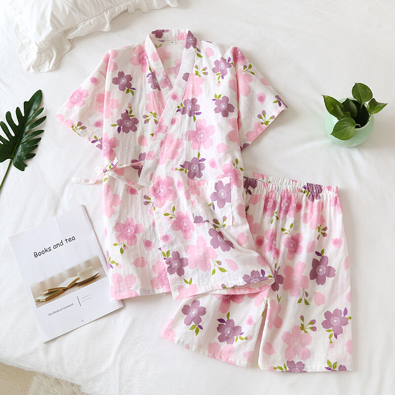 Pijamas de verão femininos, 2 peças, de algodão, manga curta, kimono, estilo japonês, gola em v, fina, seção fofa, roupa de dormir doce
