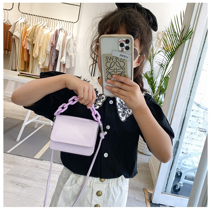 S.IKRR PU Leather Shoulder Bag For Children Kids Girls Fashion Crossbody Bag Purses and Handbag Acrylic Chain Hand Bag 2020
