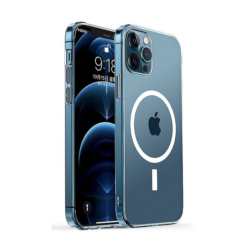 Caso de carregamento sem fio magnético transparente luxo para o iphone 14 13 12 11 pro max mini x xs max xr telefone traseiro claro capa dura