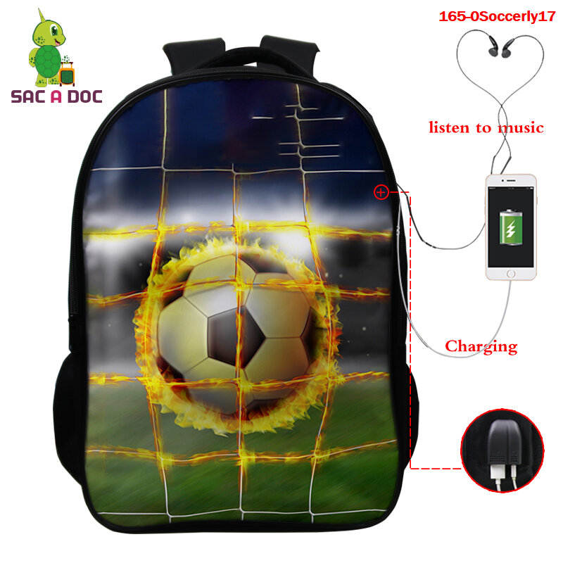 USB 충전 학생 배낭 16 인치 대용량 책가방 배낭 3D 축구 인쇄 방수 십대 학교 가방 배낭