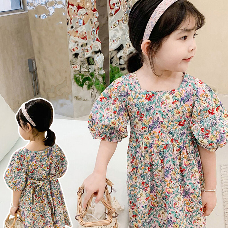 Girls Princess Dresses 2021 New  Summer Floral Cotton Vestidos Short Sleeve Children Korean Holiday Casual Costumes 3-7Y