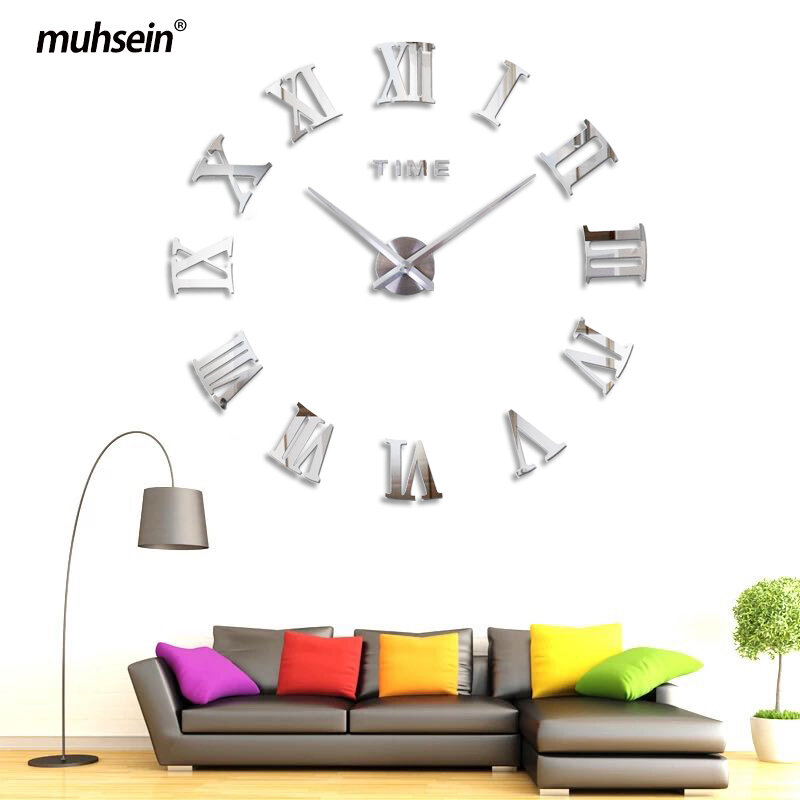 Muhsein นาฬิกาแขวนผนังโมเดิร์น 3D นาฬิกาตัวเลขโรมันขนาดใหญ่ DIY สติ๊กเกอร์ติดผนังนาฬิกาตกแต่งบ้าน...