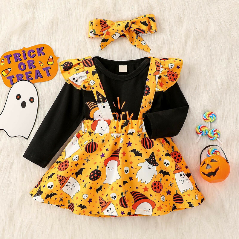 Infant Girl Clothes Autumn Baby Girls Halloween Pumpkin Jumpsuit Tops Suspender Skirt Headband Suit ползунки для новорожден E1