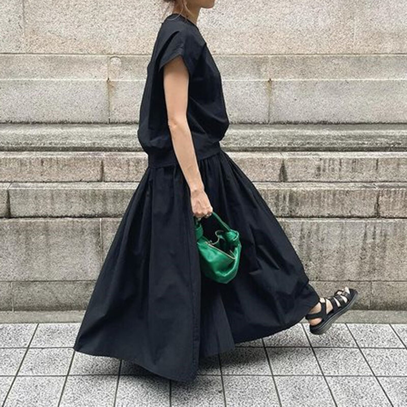 Ensemble deux pièces pour femmes, chemise noire à col rond + pantalon Long, mode coréenne, décontracté, manches courtes, Streetwear, tendance, été, 2021